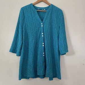 Soft Surroundings L Textured Tunic Top Blue Peplum Hem Button Up Coastal Beach